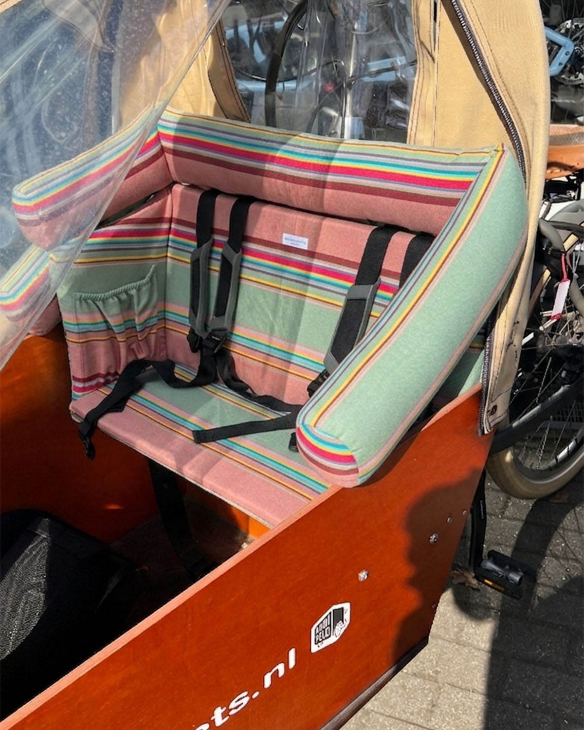 Bakfiets Lastenrad Kissen, Zubehör, Sitzpolster wetterfest - Dicke Streifen Salbei Blausberg Baby