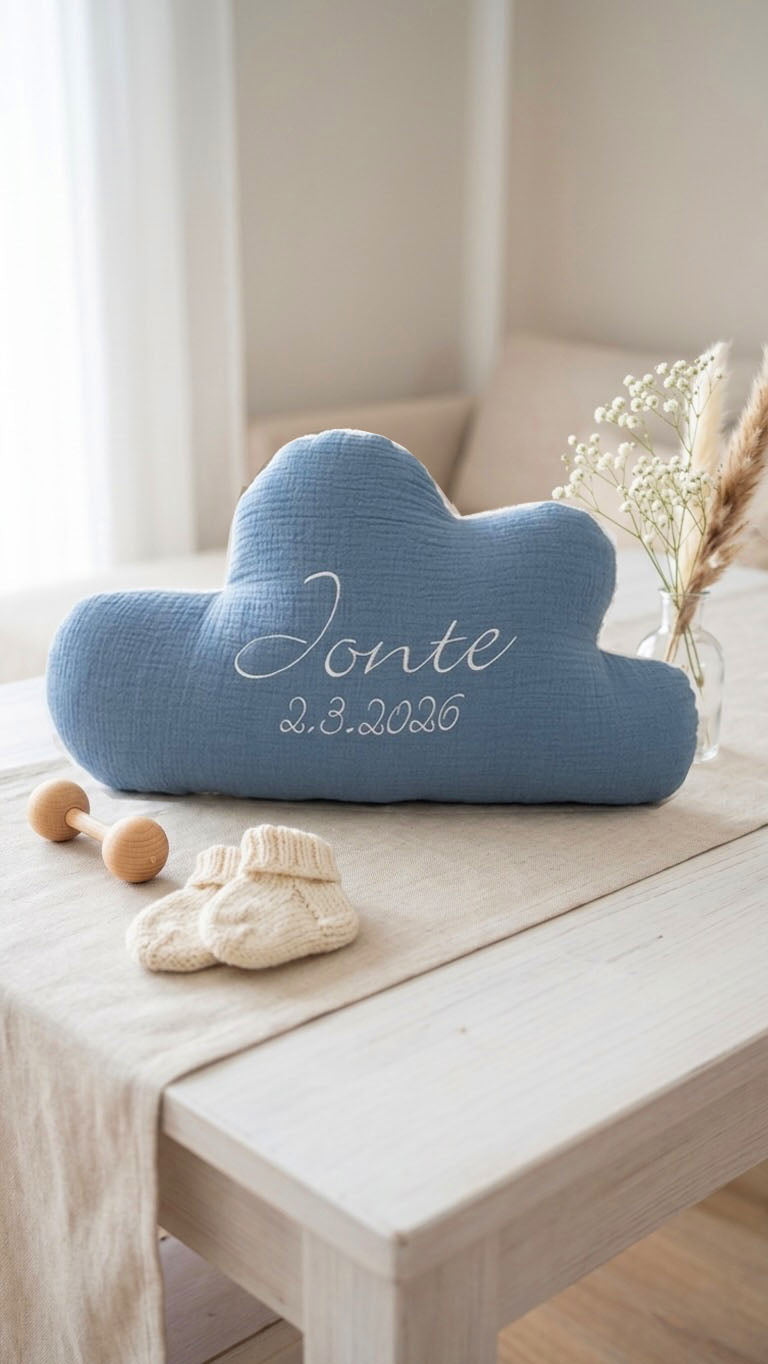 Kissen personalisiert mit Namen Baby - Musselin Kornblumenblau Blausberg Baby
