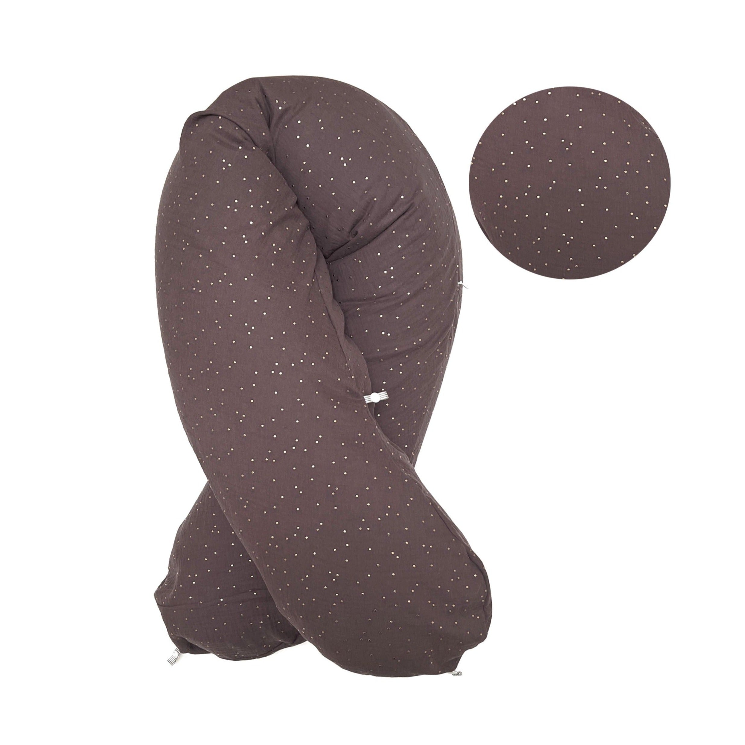 Stillkissen-Bezug aus Musselin mit Nestbau-Funktion für Theraline "Das Original" (190cm x38 cm) - Dunkelbraun Gold Punkte Blausberg Baby