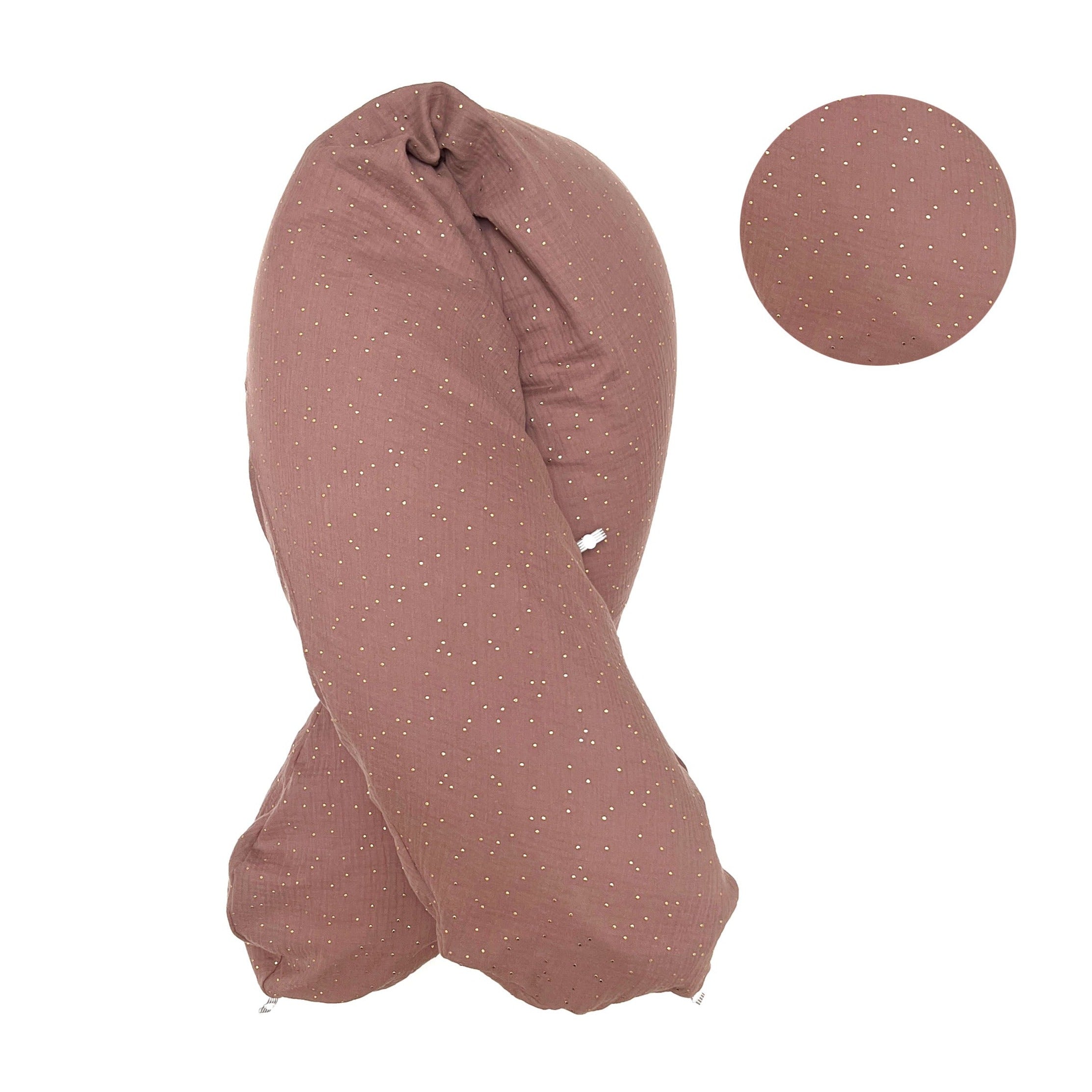Stillkissen "Das Original" von Theraline 190cm x 38cm mit Blausberg Baby Musselin Bezug (abnehmbar) mit Nestbau-Funktion - Braun mit Gold-Punkten Blausberg Baby