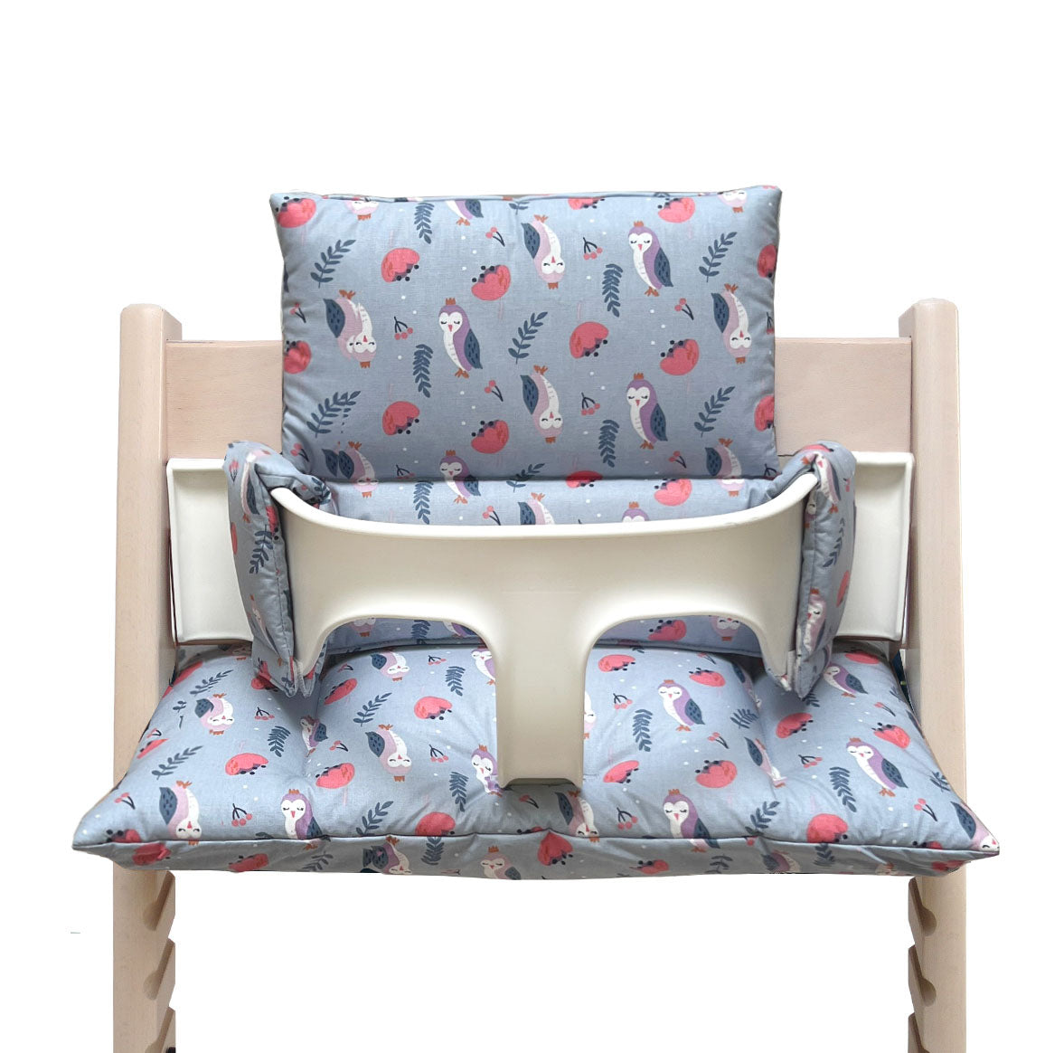 SITZKISSEN SET ABWASCHBAR für Tripp Trapp Stokke Hochstuhl, passt mit neuem Baby Set V2 - Eule Hellblau Blausberg Baby