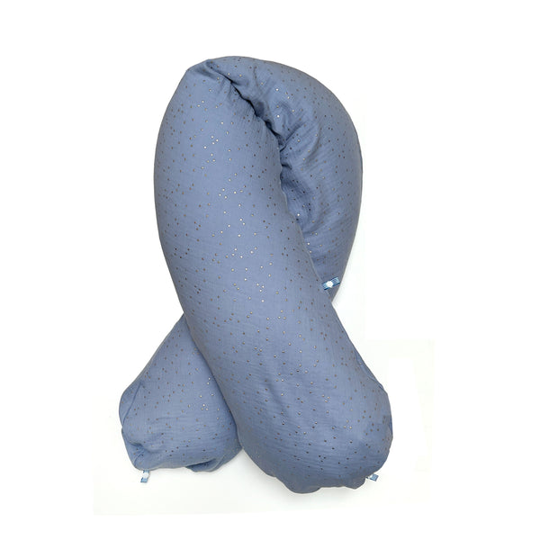 Stillkissen "Das Original" von Theraline 190cm x 38cm mit Blausberg Baby Musselin Bezug (abnehmbar) mit Nestbau-Funktion - Blau mit Gold Punkten Blausberg Baby