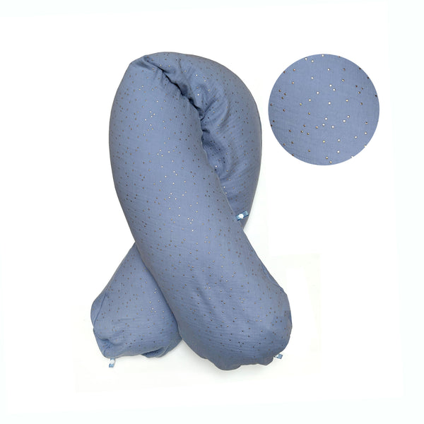 Stillkissen-Bezug aus Musselin mit Nestbau-Funktion für Theraline "Das Original" (190cm x38 cm) - Kornblumenblau Gold Punkte Blausberg Baby