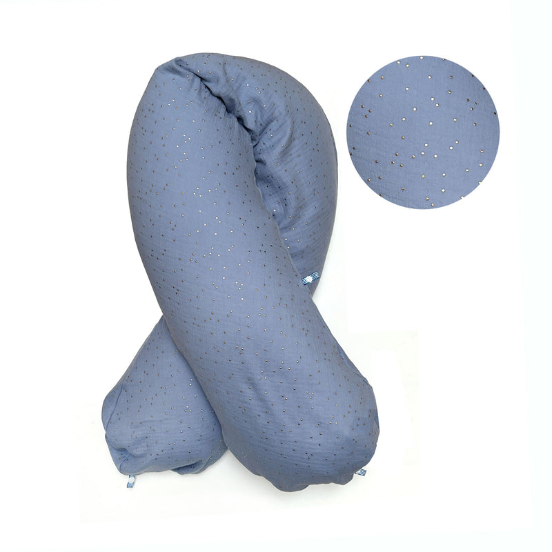Stillkissen "Das Original" von Theraline 190cm x 38cm mit Blausberg Baby Musselin Bezug (abnehmbar) mit Nestbau-Funktion - Blau mit Gold Punkten Blausberg Baby