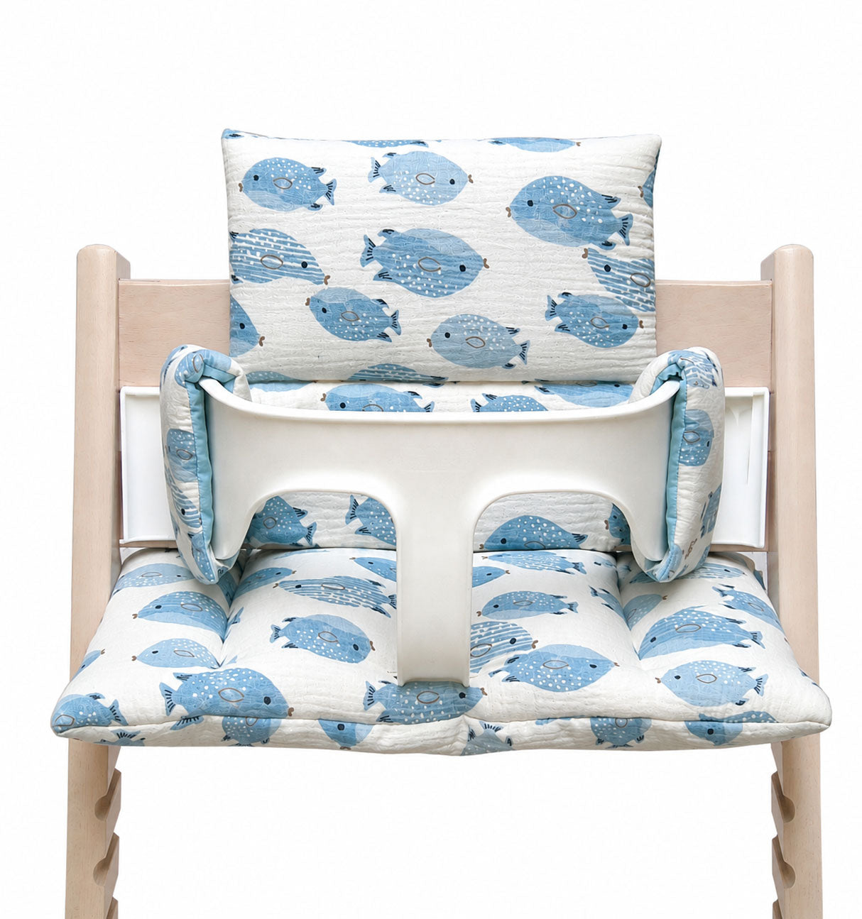 Sitzkissen Set Stokke für Tripp Trapp Hochstuhl aus 100% Musselin – für´s erste Sitzen ab 6 Monaten - Fisch Weiss Blau Blausberg Baby